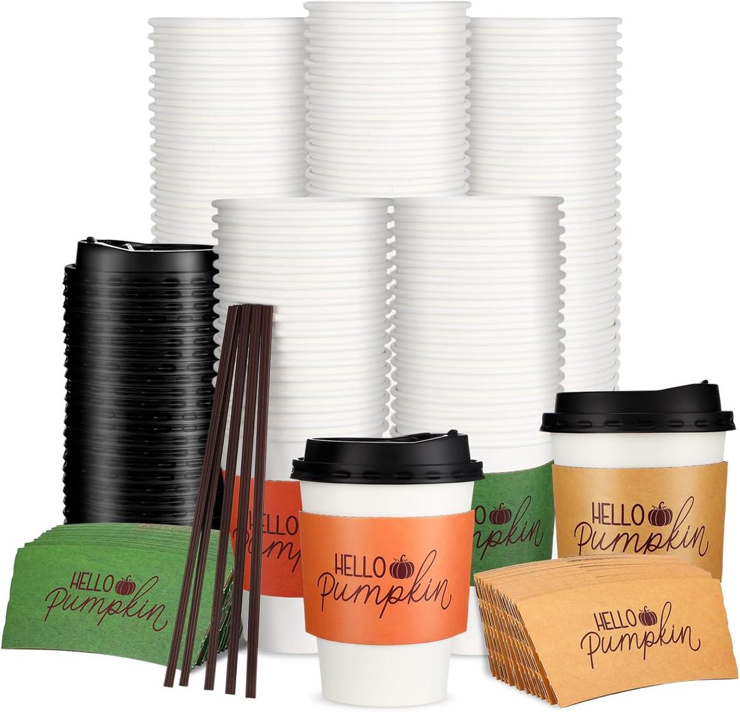 Jingmore 100 Set 12 oz Winter Christmas Hot Coffee Cups Disposable with Lids and Sleeves Hot Cocoa Cups for Winter Christmas Thanksgiving Birthday Party Supplies (Classic, White)
