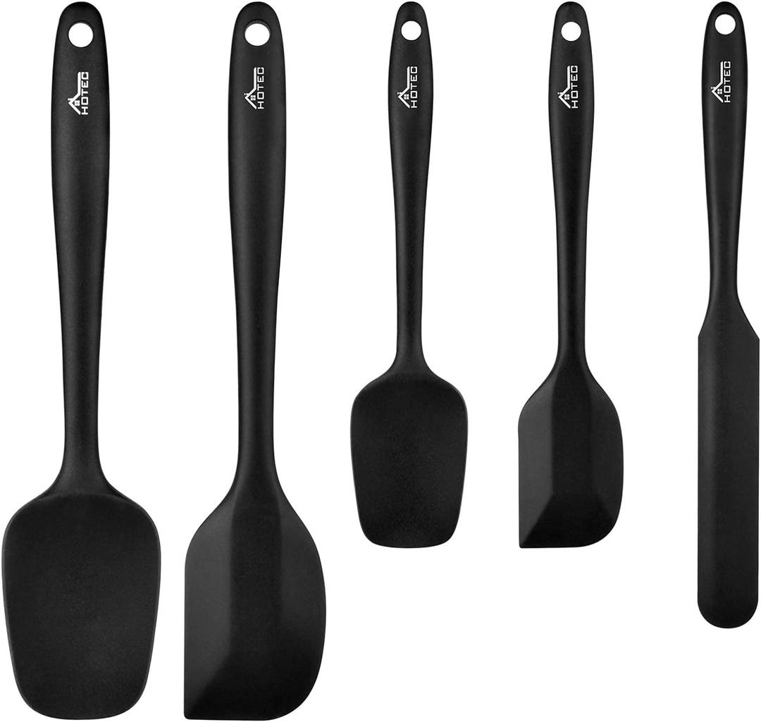 HOTEC Food Grade Silicone Rubber Spatula Set for Kitchen Baking, Cooking, and Mixing High Heat Resistant Non Stick Dishwasher Safe BPA-Free Black Set of 5 (Black)