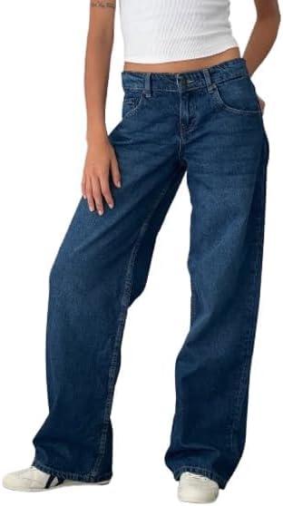 EMMIOL Women Baggy Jeans Mid-Low Waist Boyfriend Streetwear Vintage Jeans Wide Leg Denim Pants (Large, Deep Blue)