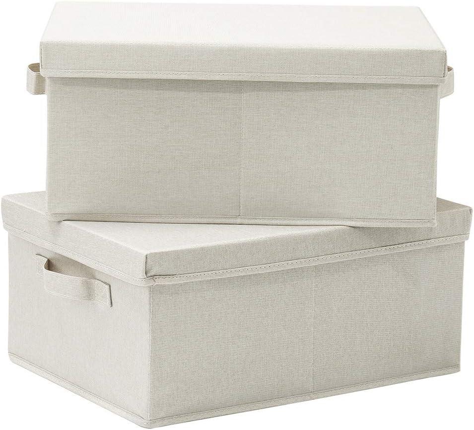 HOONEX Foldable Storage Bins with Lids, 2 Pack, Storage Boxes with Carrying Handles and Sturdy Heavy Cardboard, 16.5" L x 11.8" W x 7.5" H for Shoes, Books, Clothes, Beige