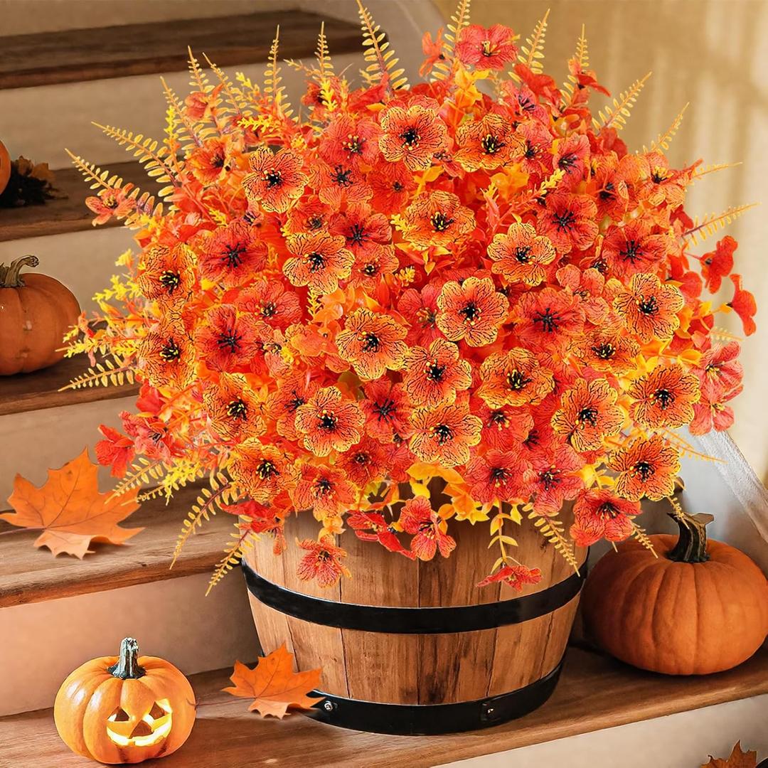 16PCS Artificial Fall Flowers for Outdoors, Realistic Faux Silk Flowers with Eucalyptus & Ferns, Fake Plants for Outside Planter, Patio, Porch, Garden Decor (Mixed)