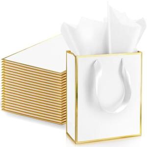 Yeaqee 12 Pack Metallic Paper Gift Bags with Handle and Tissue 9x7x3.1 Gold Foil Welcome Favor Bags Return Gifts for Wedding Fall 5 Senses Valentine Bridesmaid Birthday(White Gold)