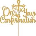 2 x On Your Confirmation Cake Topper, First Communion/Baptism/Christen Day/Baby Shower/Wedding Day Decorations Supplies Gold Glitter