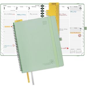 POPRUN Planner 2026-2027 (Large - 8.5'' x 10.5'') Academic Weekly Calendar (July 2026 - June 2027) with Hourly Time Slots, Monthly Tabs, 100GSM Thick Papers, Spiral Leather Cover - Celadon Green