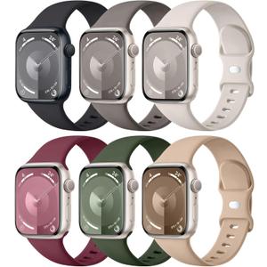 Maledan 6 Pack Bands Compatible for Apple Watch Band, Women Men, Soft Silicone Sport Band Strap for iWatch Apple Watch, Size: 44mm/45mm/46mm/49mm/42mm(series 3 2 1) (Clay/ Black/ Milk Tea/ Starlight/ Wine Red/ Army Green)