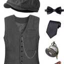 1920s Mens Costume Vest Hat Pocket Watch Accessories Set Adult Party Cosplay (Medium, Dark Grey)