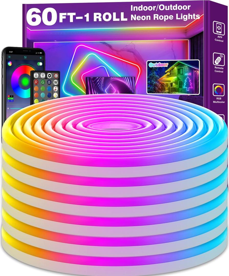 SINLEY Led Neon Rope Lights 60FT,Control with App/Remote,Flexible Led Rope Lights,Multiple Modes,IP68 Outdoor RGB Neon Lights Waterproof,Music Sync Gaming Led Strip Lights for Bedroom Indoor