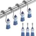 Lighthouse Decorative Shower Curtain Hooks,5 Roller Ring Balls Designed Coastal Hooks for Bathroom Curtains,Set of 12