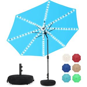 Sundale Outdoor Solar 104 LED 11 ft Patio Umbrella with Sand Bag Umbrella Base, Outdoor Umbrella with Tilt and Crank, Sky Blue