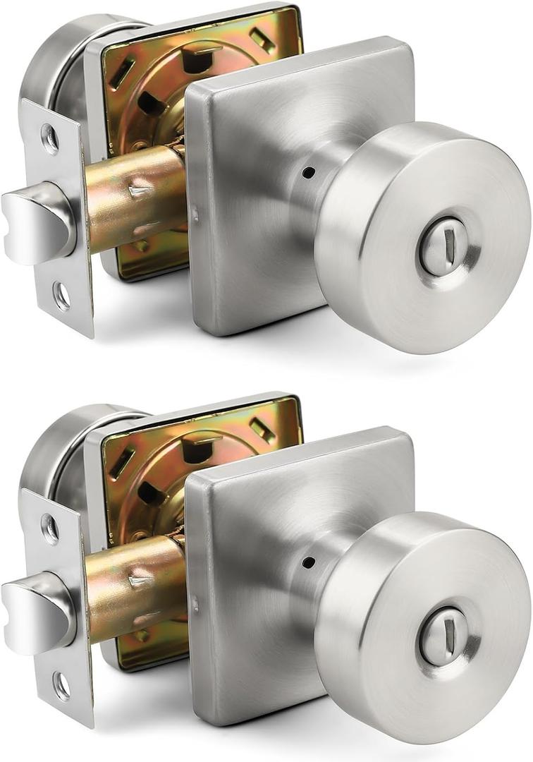 Probrico Bedroom Door Knob Satin Nickel Finish, 2 Pack Standard Size Interior Door Handles with Privacy Locking Function, Square Panel Knob for Bathroom