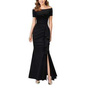 AISIZE Women's Elegant Off Shoulder Ruffle Formal Evening Long Dress (Large, Black)