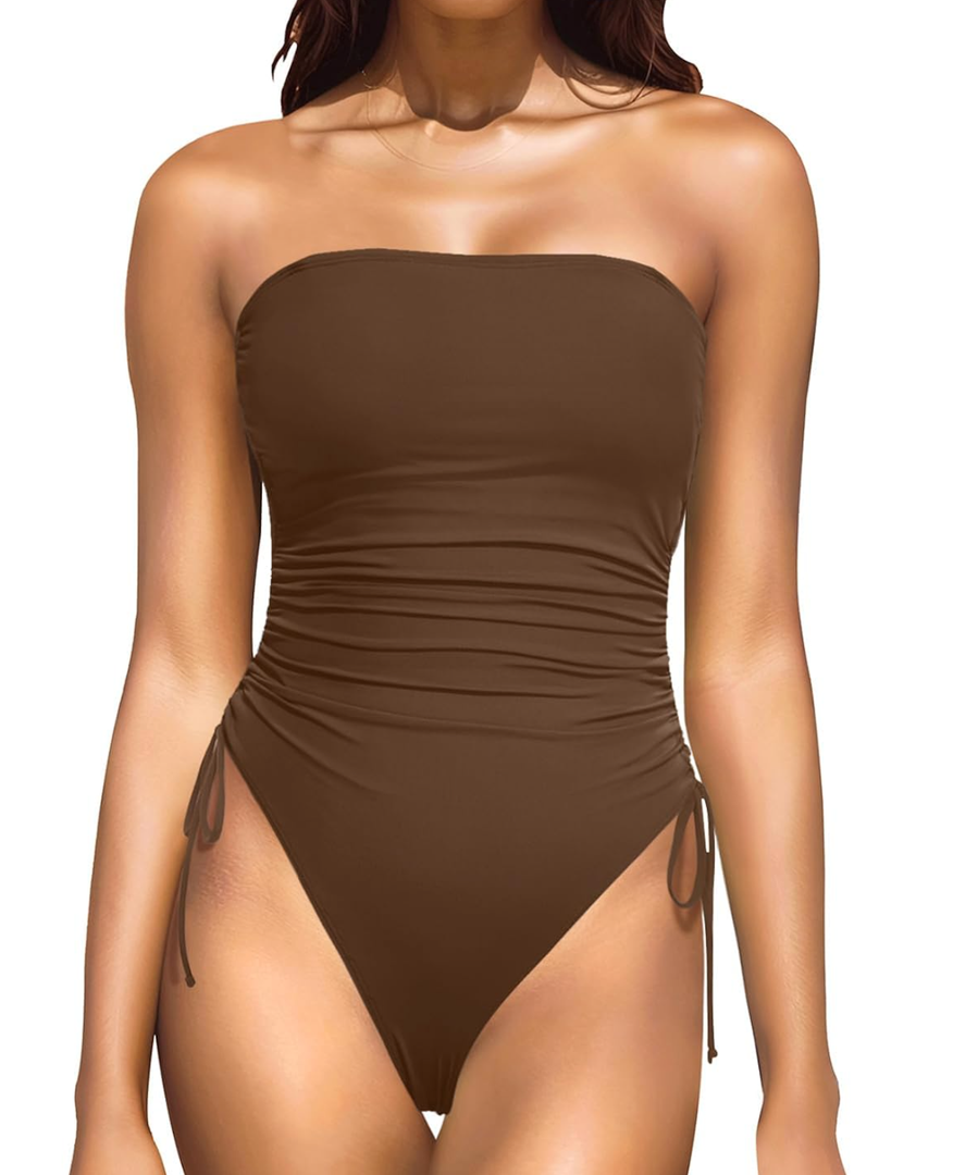 Yonique Women Strapless One Piece Swimsuit Tummy Control Bandeau Bathing Suit Cheeky Swimwear L