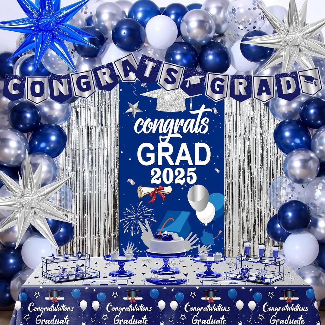 Graduation Decorations 2025 Blue, Graduation Party Decorations Class of 2025 Congrats Grad Banner, Tablecloth Star Foil Balloons Grad Backdrop for High School 2025 College Grad Party Supplies, Blue/Silver