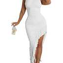 BEAGIMEG Women's Sexy Ruched Sleeveless Asymmetrical Ruffles Elegant Cocktail Evening Party Maxi Dress White, Size XXL