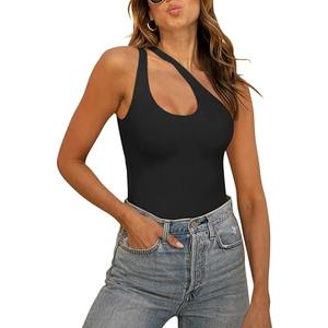 REORIA Butsmooth® Women's Trendy Sexy Plunge One Shoulder Sleeveless V Backless Going Out Tank Bodysuits Tops, S