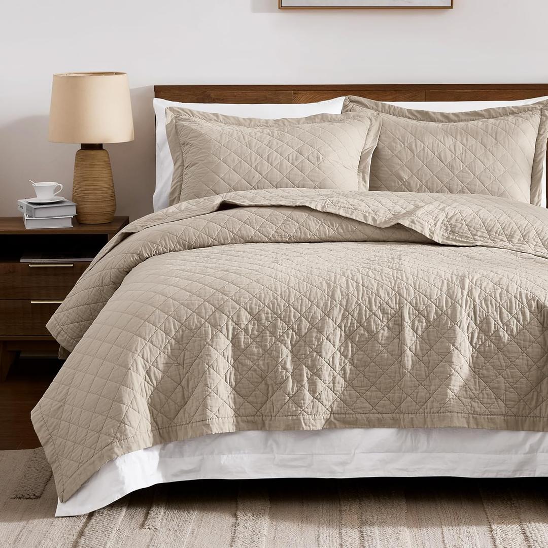 WDCOZY 100% Cotton Quilt King Size Bedspread, Pre-Washed 3-Piece Lightweight Soft Coverlet Set with 2 Pillow Shams, Farmhouse Design All Season Bedding Set, Beige (King (106"x96"))