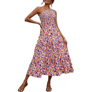 BTFBM Summer Dresses 2026 Spring One Shoulder Floral Flowy Sundresses for Women Sleeveless Smocked Boho Beach Maxi Dress (Purple, XL)