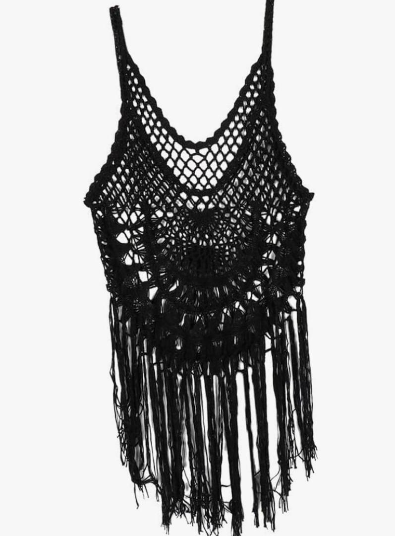 jojomis Women Bikini Cover Up Casual Sleeveless Hollow Crochet Stretch Swimwear Summer Beachwear Short Dress, Black, Small Black