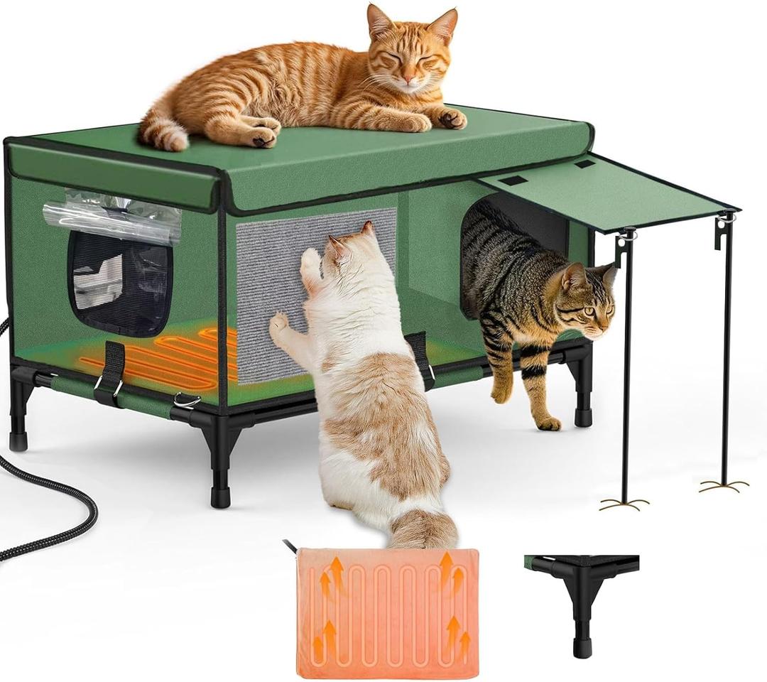Heated Cat House for Outside with Escape Hatch, Insulated Outdoor Feral Cat House Weatherproof, Detachable Clawsable Heated Cat House for Outside Stray and Barn Cats