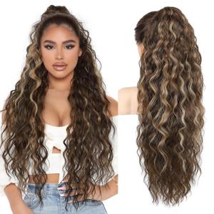REECHO Ponytail Extension 30" Long Claw Clip Ponytail Extension Curly Wavy Pony Tails Hair Extensions Clip in Synthetic Hairpiece for Women, Chocolate Brown with Highlights