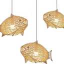Fish-Shaped Rattan Woven Pendant Light, 1-Lights Boho Fish Lighting,Natural Weaving Wicker Light Fixture,Rustic Farmhouse Rattan Chandelier for Dining Room Living Room Bedroom Kitchen