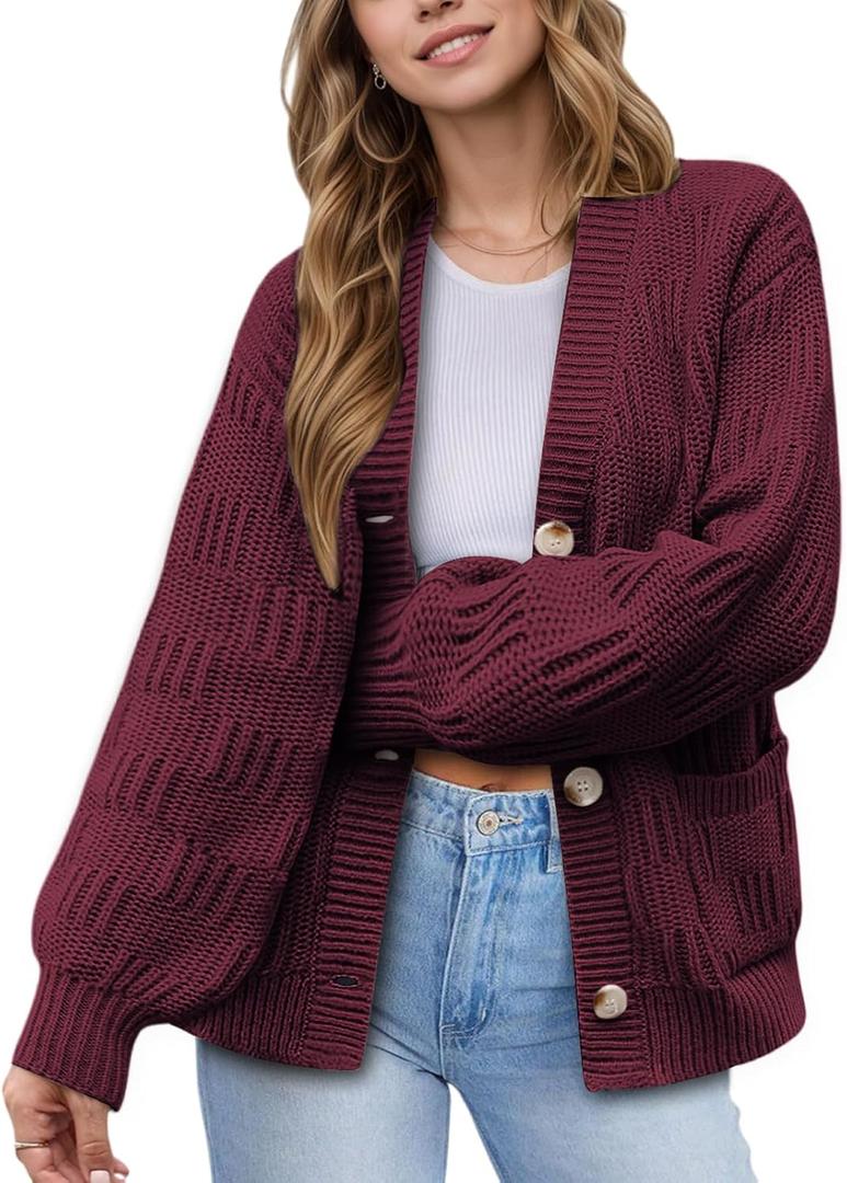 VIMPUNEC Womens Fall Chunky Knit Cardigan Sweaters Casual Button Down Jackets Long Sleeve Oversized Open Front Coats (Red, XL)