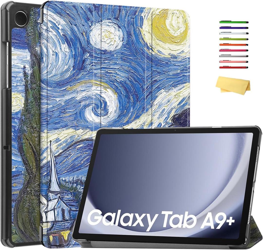 Case for Samsung Galaxy Tab A9 Plus/A9+ Tablet 5G 11" 2023 Model (SM-X210/X216/X218), Multi-Angle Stand Slim Hard Back Trifold Shell Smart Cover with Auto Wake/Sleep, Starry Night Van Gogh (01# Starry Night Van Gogh)
