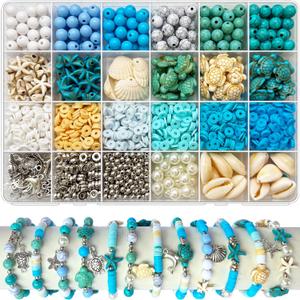 1860Pcs Ocean Beads for Bracelets Making Kit, Blue and White Summer Beach Bead for Jewelry Making, Sea Turtle Shell Starfish Shape Beads 8mm Round Cly Bead for DIY Craft Bracelets Earring (Blue)