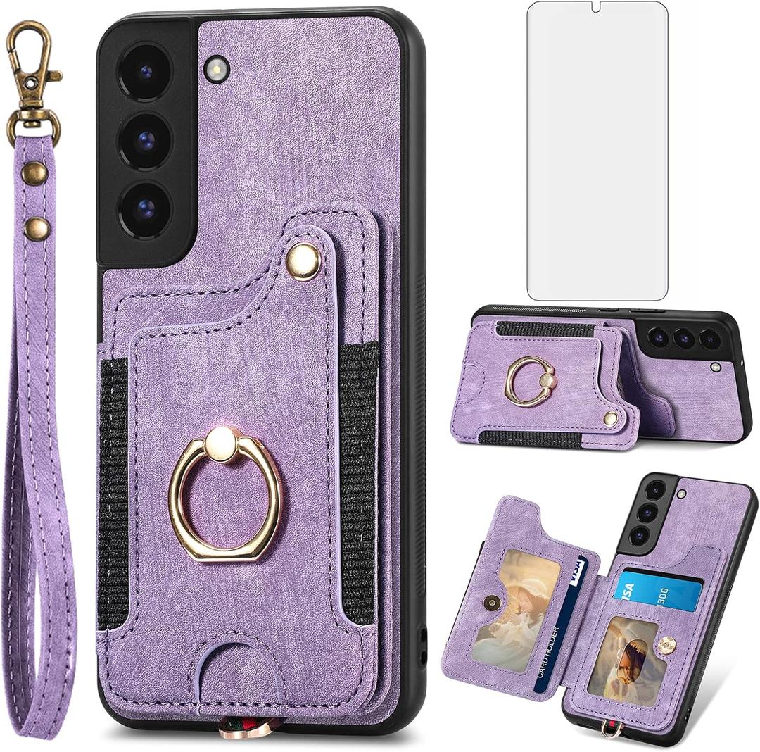 Phone Case for Samsung Galaxy S22 5G Wallet Cover with Tempered Glass Screen Protector and Wrist Strap Lanyard RFID Credit Card Holder Ring Stand Cell Accessories S 22 22S 4G G5 6.1 inch Women Purple