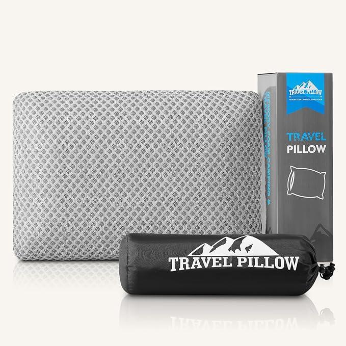 Travel Pillow Memory Foam Pillows, Camping Pillow-Compressible Medium Firm, Breathable Cover, Ideal Backpacking Hiking, Bed Pillows, Airplane and Car (Light Grey, M)