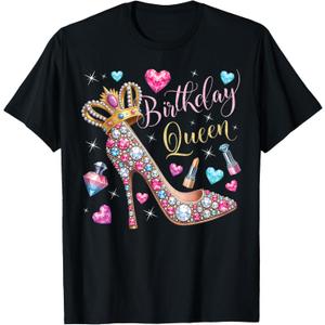 Birthday Queen Crown High Heel Hearts Stars Women Girls T-Shirt, Small
