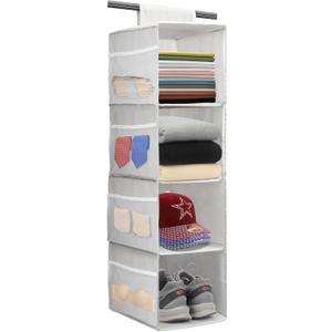 PetsHome 4-Shelf Hanging Closet Organizer, Space Saver, Closet Hanging Storage Shelves with Mesh Pockets & Magic Tap for Storage, Foldable-Grey