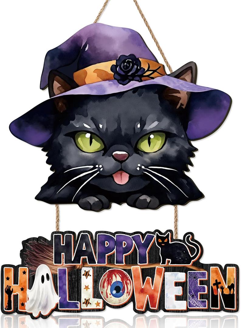 Happy Halloween Door Decoration,Black Cat Sign,Halloween Door Sign,Spooky Black Cat Wall Hanging,Witch Hat Wall Decor,Boo Ghost Plaque for Porch Yard Home Party Haunted House Outdoor Indoor