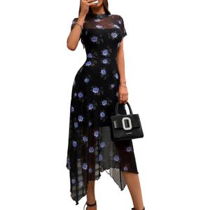 GothDark Women's Wedding Guest Floral Print Vintage Goth Dress Mesh Spliced Double-Layered Irregular Hemline Midi Dresses (Medium, Blue)
