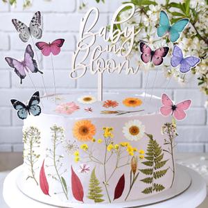 LemonRoad 44 Pcs Flower Cake Toppers with 35 Dried Flower Decorations 8 Pcs 3D Colorful Butterfly Decoration and 1 Baby in Bloom Cake Topper for Birthday Weddings Parties Baby Shower Supplies
