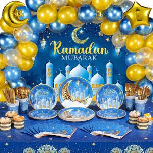 Redbaker 167 Pcs Eid Mubarak Party Decoration Ramadan Mubarak Backdrop Banner Tablecloth Eid Al-fitr Balloon 16 Set Tableware Plates Cups Napkins Cutlery for Home Muslim Ramadan Party Supplies(Blue)