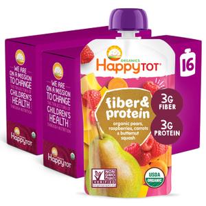 Happy Tot Organics Stage 4 Baby Food Pouches, Gluten Free, Vegan Snack, Fiber & Protein Fruit & Veggie Puree, Pears, Raspberries, Butternut Squash & Carrots, 4 Ounce(Pack of 16) BBD: 01/26/2027