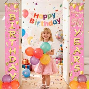 IVN Happy 50th Birthday Porch Banner 2PCS 71 x 12 inches Pink Gold Birthday Party Porch Banner Sign Hanging Door Banners Wall Front Door for Men Women Girls Boys Luxe Pink Gold Party Celebration Supplies