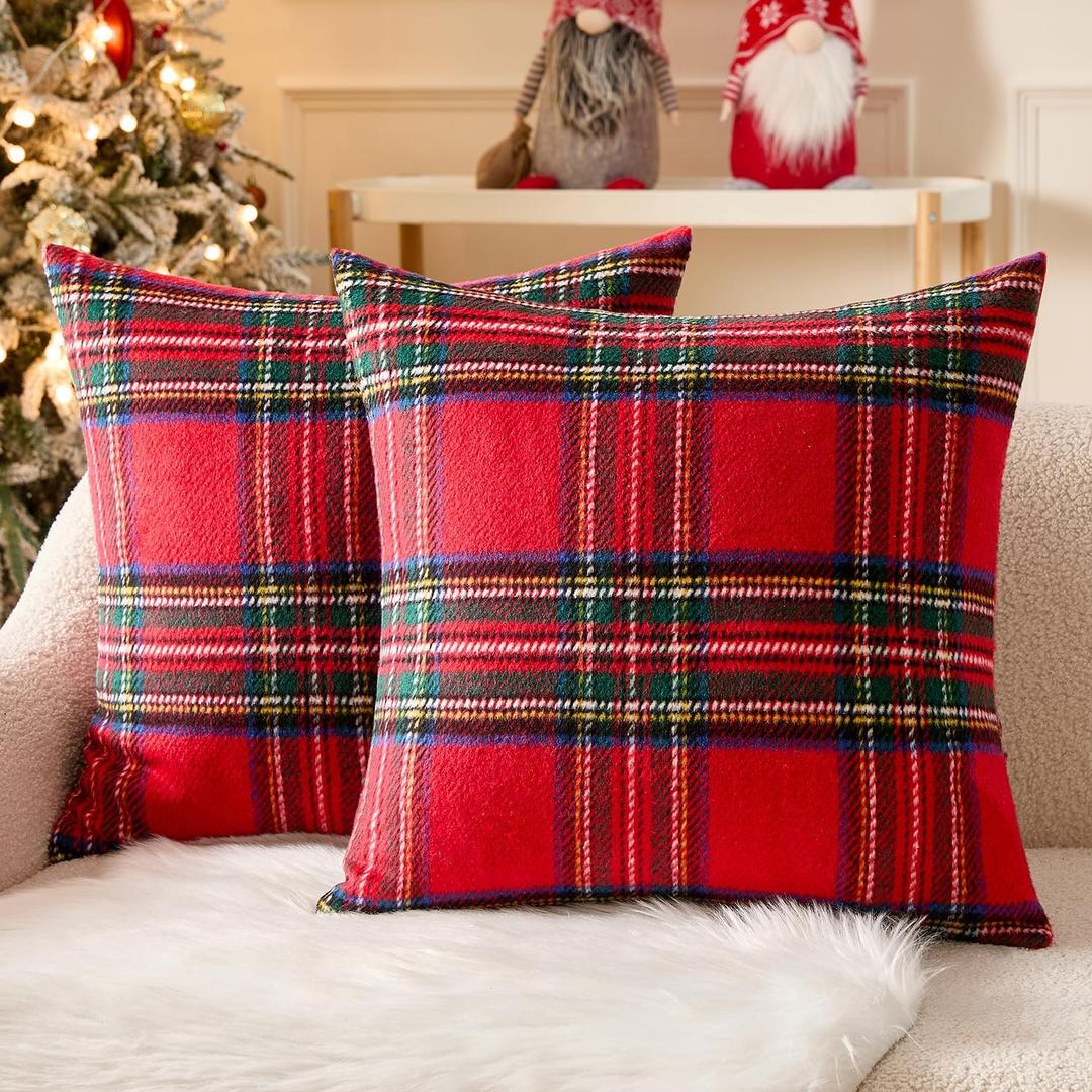 MIULEE Christmas Plaid Decorative Throw Pillow Covers Set of 2 Scottish Tartan Vintage Farmhouse Winter Cuhion Case Pillow Covers for Couch livingroom Sofa Bed Porch Home Decor 18x18inch Red