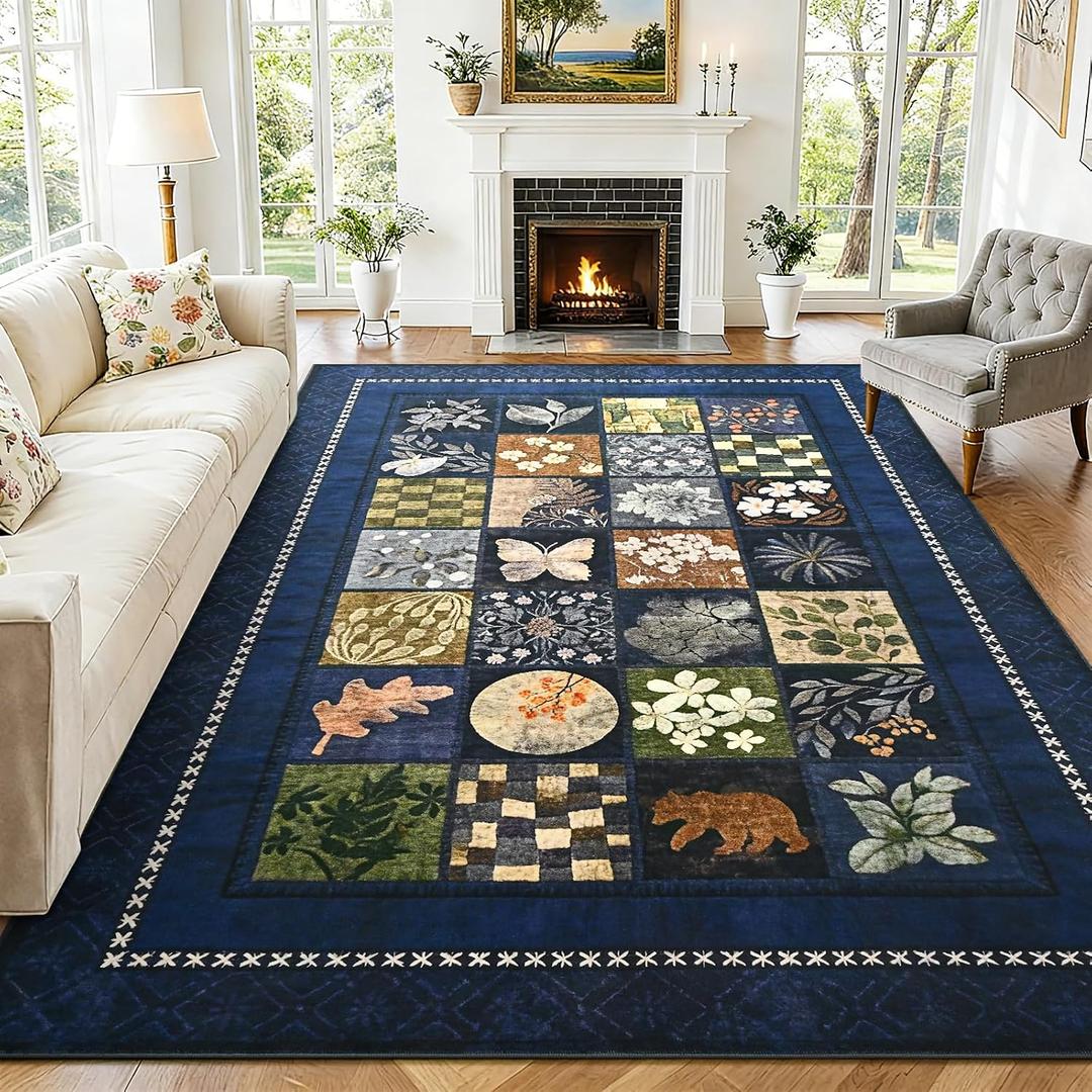 Large Area Rug 7x10, Floral Geometry Rugs for Living Room, Non Slip Low Pile Print Rug Indoor Carpet Bedroom Office Dining Kids Room Playroom Apartment Home Decor (Navy Blue, 7x10ft)