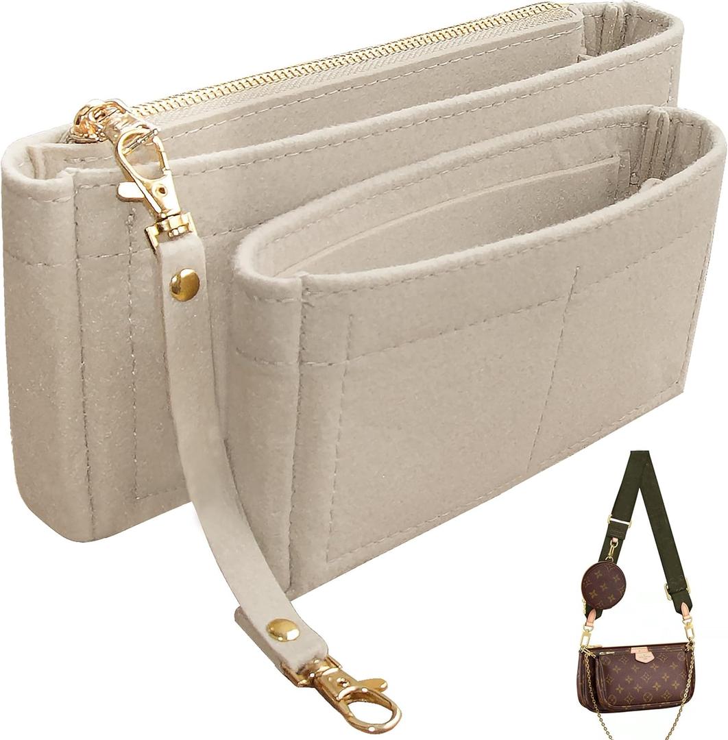 Soyizom Purse Organizer Insert Fits for Multi Pochette Accessories Bag Series perfectly,2 Packs in One Set Inserts Tote Bag Organizer Pouch Inside Add Zipper Pocket & Keychain,Beige