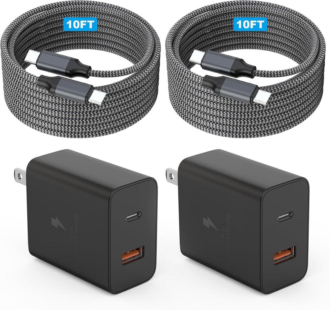 Extra Long 10Foot 45W Samsung USB C Fast Charger Block Dual Port PD Power Adapter Fast Charging Block,2Pack 10FT Type C Super Quick Charging Cord for Samsung Galaxy S25 Ultra/S25/S24/S23/S22 and More