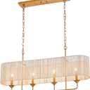 42" Boho Chandelier Brass and White Hand Woven Rattan Pendant Light Linear Large Island Light for Dining Room Kitchen Island Living Room, UL Listed