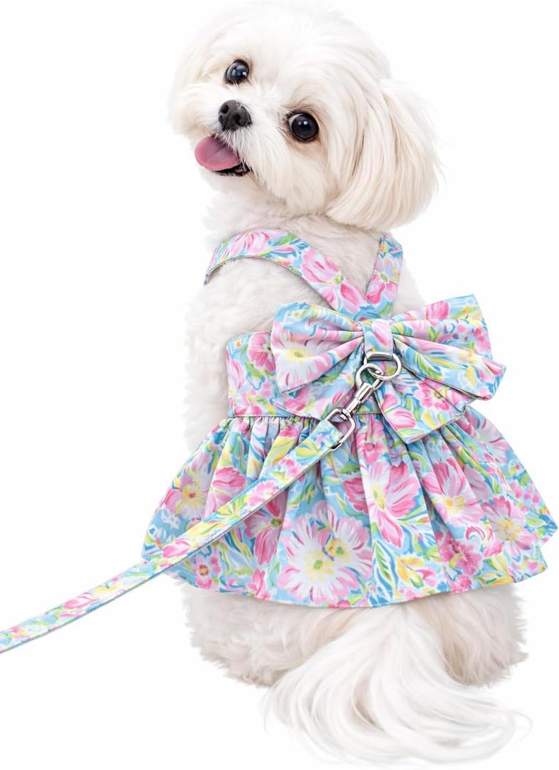 Dog Dress Bow Tie Harness Leash Set Harness Dress for Small Dogs Cute Dog Pet Girl Puppy Summer Clothes for Female Bunny Clothes Yorkie Chihuahua Training Walking (X-Small, Puparazzi)
