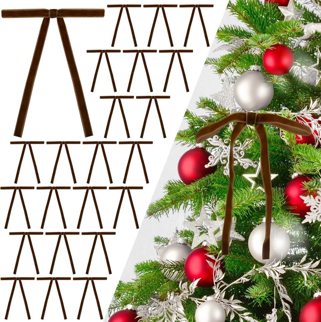 24 Pcs Browm Velvet Christmas Tree Bows Vintage Velvet Ribbon Bows for Christmas Door Garland Vintage Wreath Decor(3/8'' Wide, 5 x 7 inch)