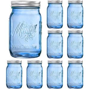 SUT Blue Wide Mouth Mason Jars 32 oz,9 Pack Glass Jars with Airtight lid, Canning jars for Preserving, Jam, Honey, Jelly, Wedding Favors, Sauces, Meal Prep, Overnight Oats, Salad