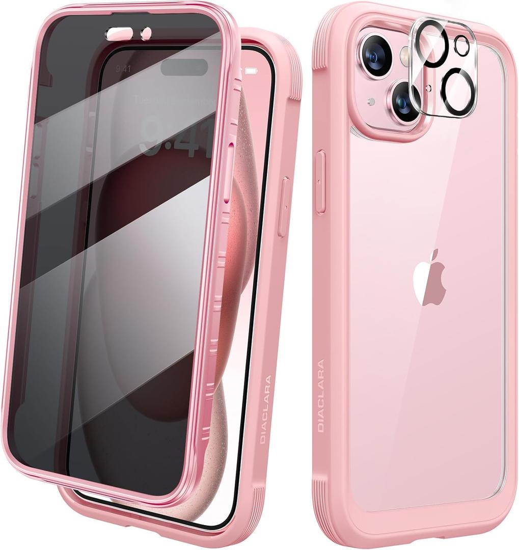 Diaclara Designed for iPhone 15 Case 6.1 Inch,Upgraded Full Body Rugged Clear Bumper Case with Built-in Privacy Screen Protector for iPhone 15,Pink