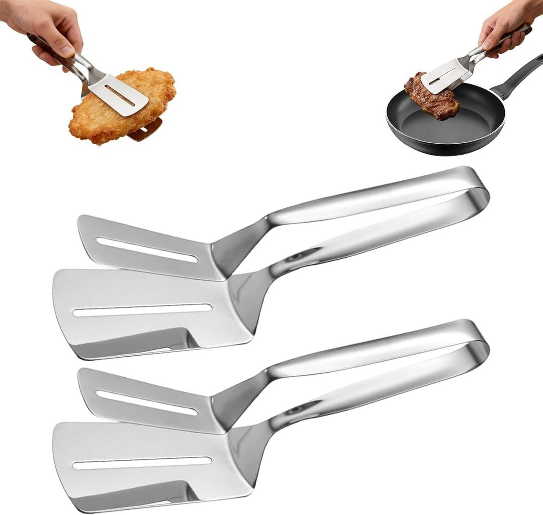 2PCS Stainless Steel Cooking Tongs with Double Sided Spatula, Grill Accessories Extended Anti-Scald Handle, Multifunctional Food Tongs For Cooking, Flipping Steak, Hamburger, Pizza, Fish and More