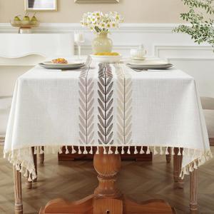 Laolitou Cotton Linen Waterproof Tablecloth for Dining Table Farmhouse Kitchen Rectangle Table Cloth Coffee Wrinkle Free Cover, Beige, Wine Leaf, 55x70 Inch (Wheat)