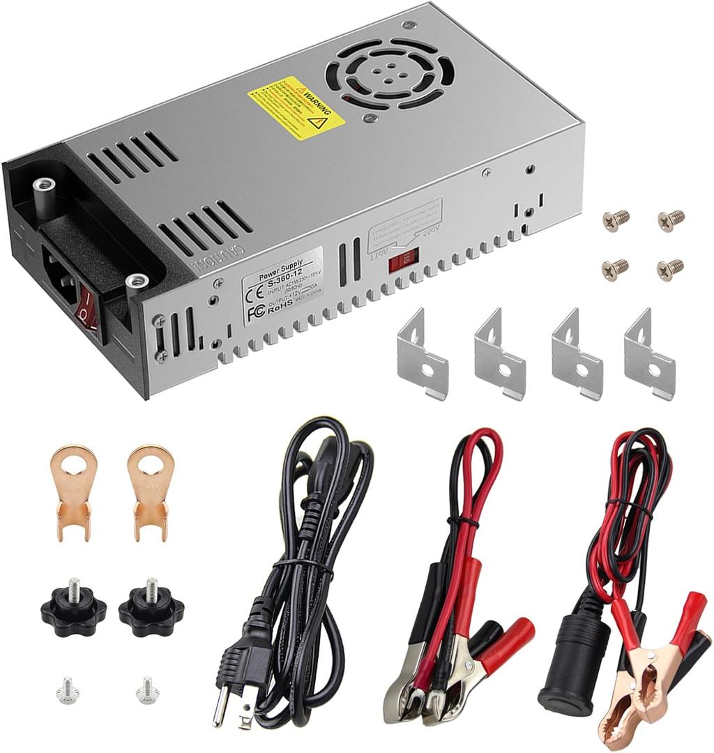 ALITOVE 12 Volt Power Supply 30A AC to DC Converter 110V to 12V 30 Amp Switching AC/DC Adapter 360W with Cigarette Lighter Adapter 12V Transformer for LED Strip RV Pump CCTV 3D Printer Car Device (12V 30A 360W)